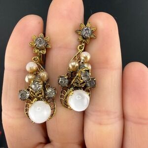 Vintage Czechoslovakia Earrings Gold Tone Smoky Rhinestone Dangle Screw Back